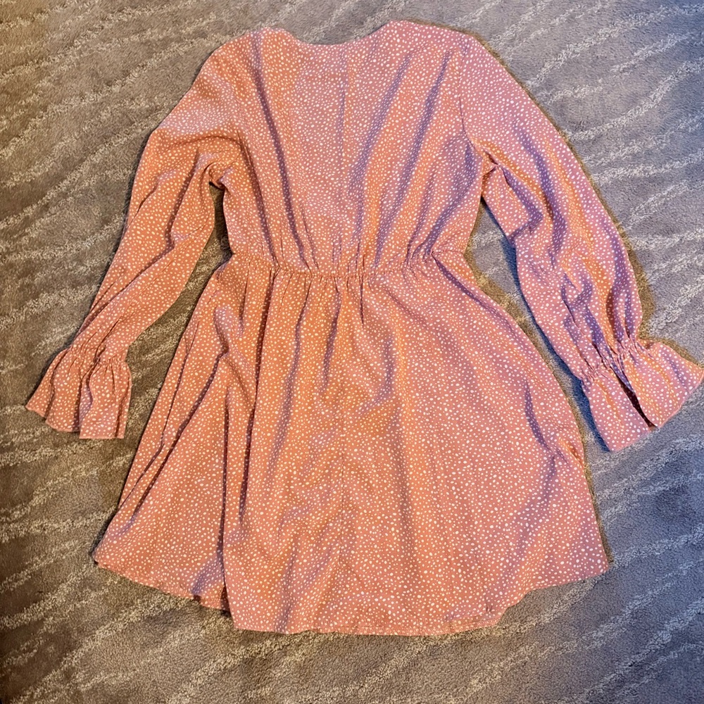 Women's Long Sleeve Rust Dot V-Neck Elastic Waist Dress - Picture 2 of 3